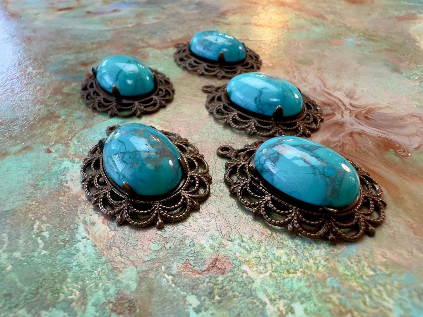 BULK UP - Howlite Turquoise Setting 5 Pcs Pendants - Vintaj - 8/21 - Vintaj Live Shop ID