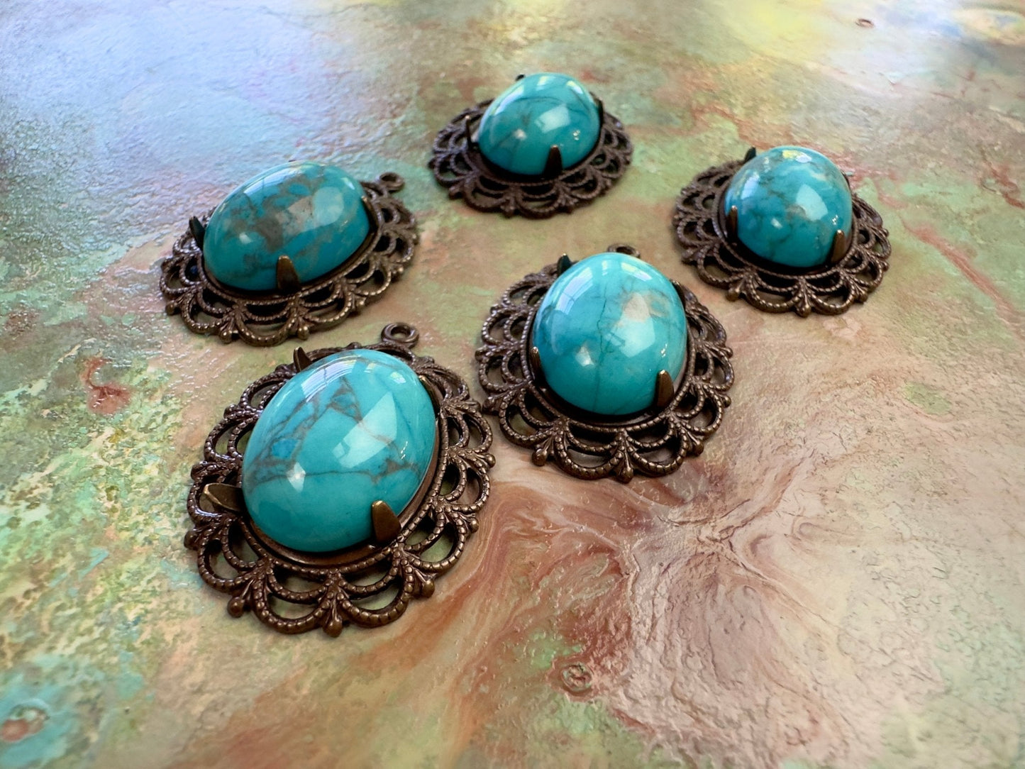 BULK UP - Howlite Turquoise Setting 5 Pcs Pendants - Vintaj - 8/21 - Vintaj Live Shop ID