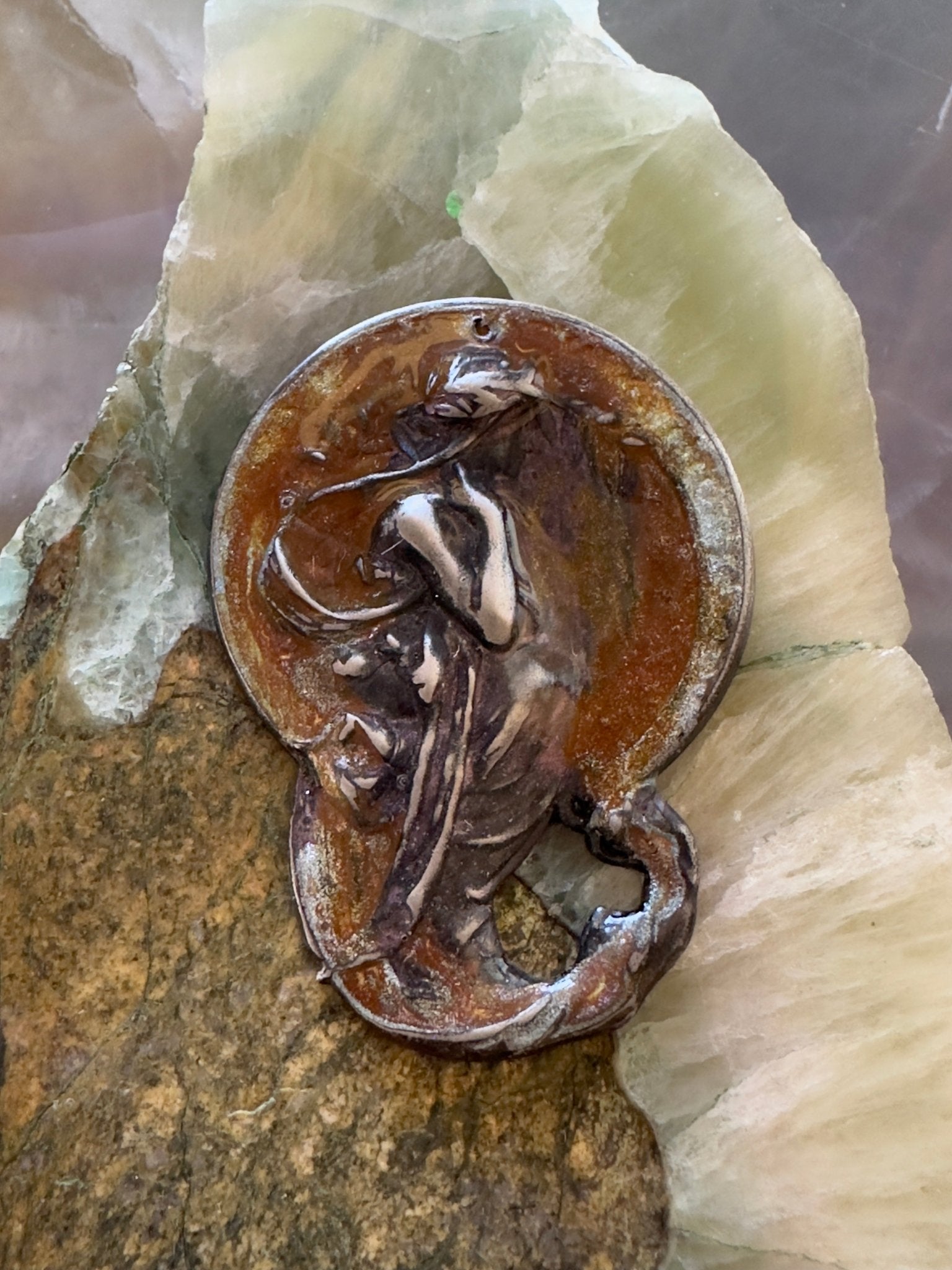 Cold Enameled Resin "Violet - Worn" Mucha Pendant - Vintaj Idaho Design - 7/24/2025 - Vintaj Live Shop ID