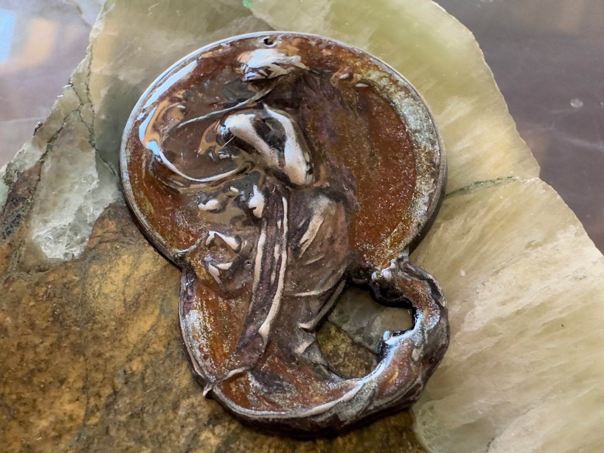 Cold Enameled Resin "Violet - Worn" Mucha Pendant - Vintaj Idaho Design - 7/24/2025 - Vintaj Live Shop ID